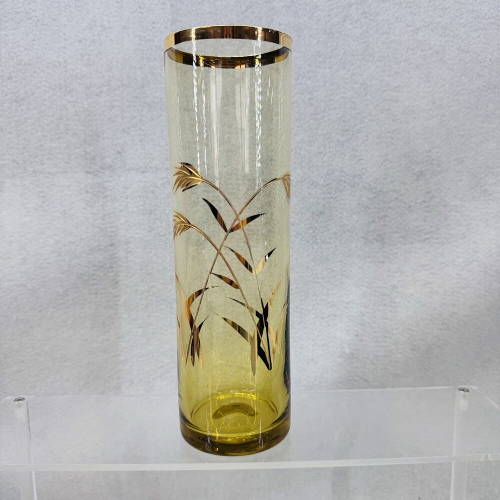 EUC Vintage MCM Golden Wheat Harvest Glass Vase 8” Tall Gold Rim